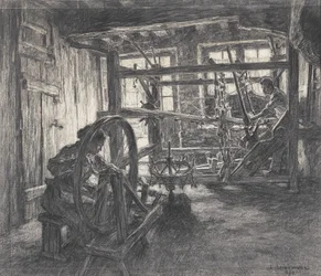Die Werkstatt des Webers in Dinan oder, Der Weber und seine Frau, 1893 (Kohle auf Papier)